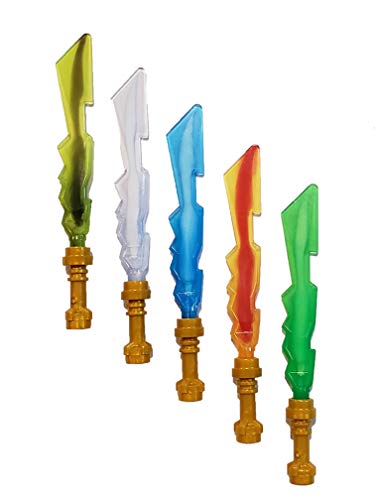 2013 LEGO Ninjago Ninja Elemental Blades - Custom Assortment of 5 Elemental Blades with Pearl Gold Hilts - Earth, Fire, Ice, Lightning and One for Lloyd The Green Ninja