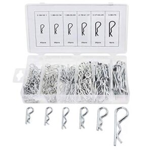 150pcs hitch pin clips r type cotter pin, silver, each box contains 6 different sizes, transparent plastic box packaging hair clip fastener pin assortment kit,for tow tractor light truck lawn mower