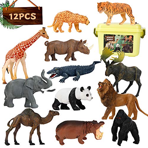 Elf Lab Safari Animal Figures, 12PCS Jungle Zoo Animals Toys, Realistic Wildlife Plastic African Animals Playset, Learning Educational Toy, Christmas Birthday Gift for Kids Children Toddlers 3-5