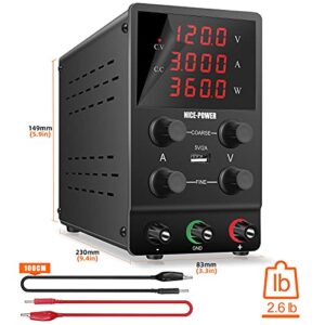 NICE-POWER DC Power Supply Variable: 120V 3A Adjustable Switching Regulated High Precision 4-Digits LED Display 5V/2A USB Port Test Lead Output & Input Power Cord Bench Lab Power Supplies