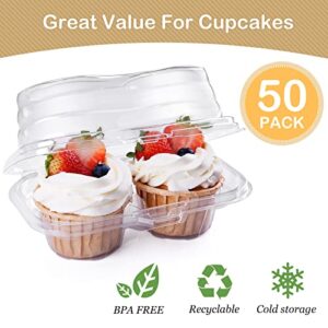 HIMETSUYA 2 Cavity Cupcake Boxes-Stackable Regular Cupcake Carrier Holder, Thicker Clear Cupcake Boxes, Non-slip High Topping Cupcake Containers for Cupcakes, Muffins (50)