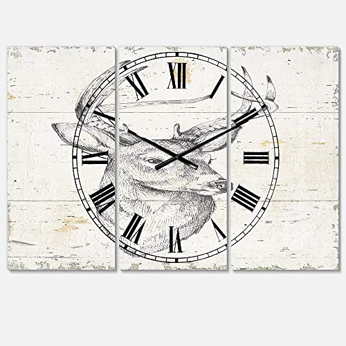 MISC Deer Wild and Beautiful Ii' Cottage 3 Panels Oversized Wall Clock - 36 in. Wide X 28 High Panels Grey Aluminum Steel Finish Battery Included