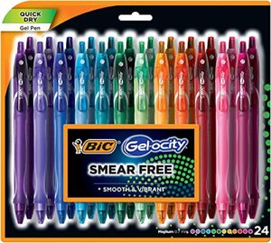 bic gel-ocity quick dry (dries up to 3x faster) super bright colors 24 pack, smear free, assorted colors retractable gel pens, medium point 0.7mm, colorful pens for adults women & men