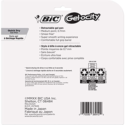 BIC Gel-ocity Quick Dry (Dries Up To 3x Faster) SUPER BRIGHT COLORS 24 Pack, Smear Free, Assorted Colors Retractable Gel Pens, Medium Point 0.7mm, Colorful Pens for adults Women & Men