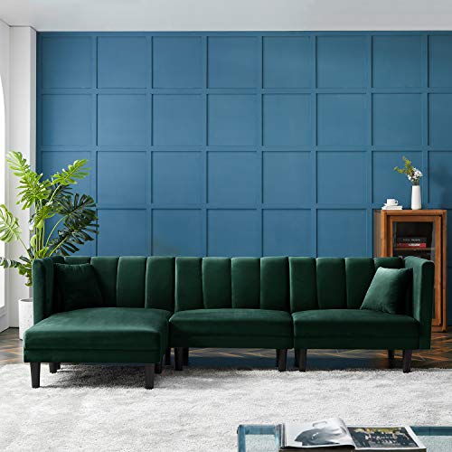 FREESNOOZE 106'' Velvet Reversible Sectional Sofa Sleeper Sofa Bed with Plastic Legs(Dark Green)