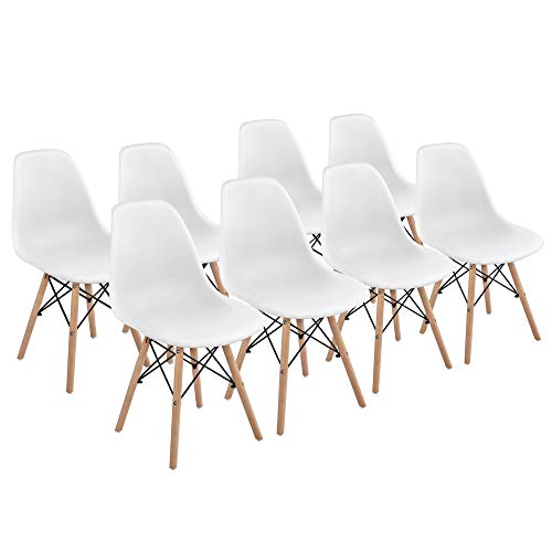 Yaheetech Dining Chairs with Beech Wood Legs and Metal Wires Modern Side Shell Eiffel DSW Chairs for Dining Room Living Room Bedroom Kitchen Lounge Reception, Set of 8, White