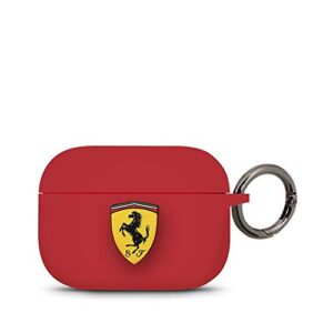 ferrari airpods case cover in red on track with ring keychain slot, compatible with apple airpods pro, silicone protective hard case, shockproof, wireless charging, and signature metal logo