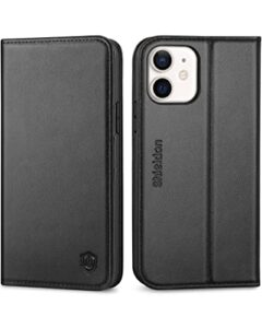 shieldon case for iphone 12/12 pro 5g, genuine leather wallet case magnetic rfid blocking credit card holder kickstand shockproof case compatible with iphone 12/12 pro (6.1 inch 2020) - black
