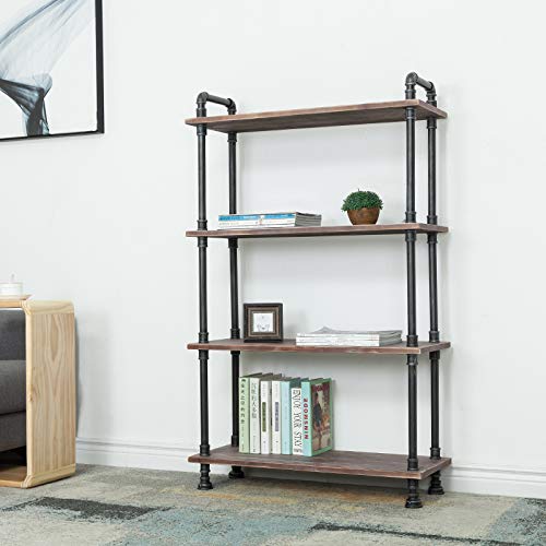 WGX Design For You Industrial Bookcase, Solid Pine Open Wood Shelves, Rustic Modern Industrial Pipe and Solid Wood Style Bookshelf (4-Layers)