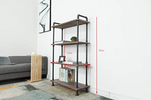 WGX Design For You Industrial Bookcase, Solid Pine Open Wood Shelves, Rustic Modern Industrial Pipe and Solid Wood Style Bookshelf (4-Layers)