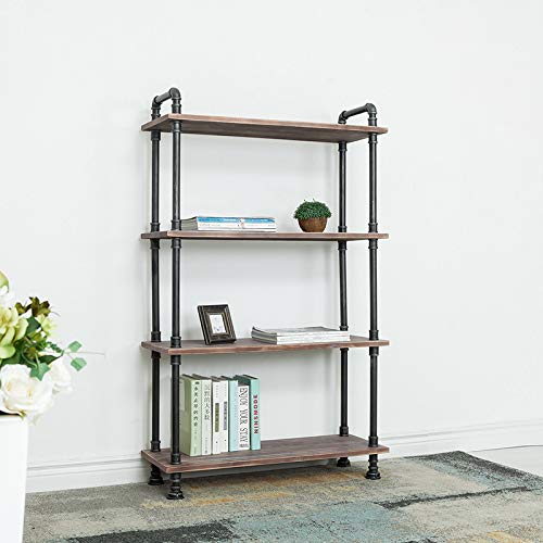 WGX Design For You Industrial Bookcase, Solid Pine Open Wood Shelves, Rustic Modern Industrial Pipe and Solid Wood Style Bookshelf (4-Layers)