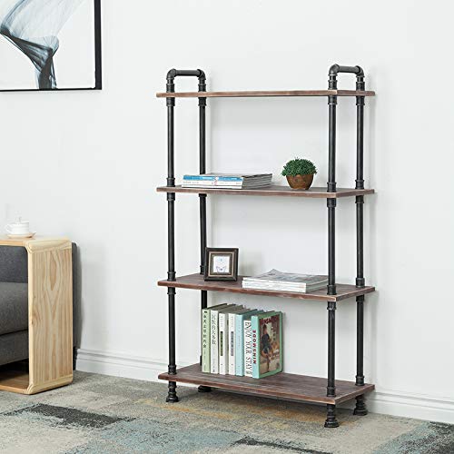 WGX Design For You Industrial Bookcase, Solid Pine Open Wood Shelves, Rustic Modern Industrial Pipe and Solid Wood Style Bookshelf (4-Layers)