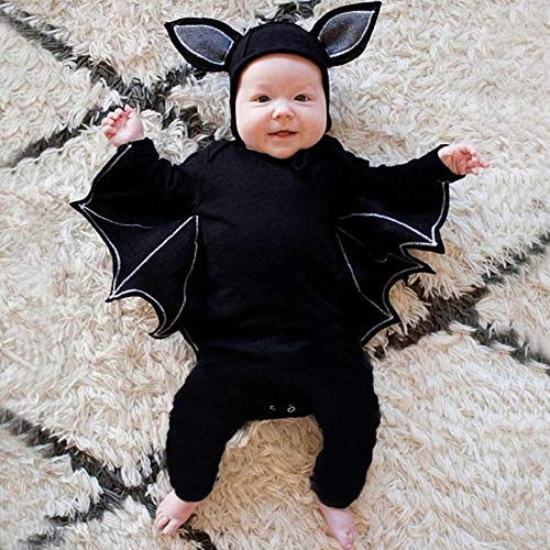 FANCYINN Infant Baby Black Bat Costumes Cloak Romper with Big Ear Hat Halloween Bat Outfits 2pcs 3-6 Months 70