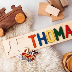 South Bend Woodworks Whimsical Character or Sports Icon Personalized Wooden Name Peg Puzzle