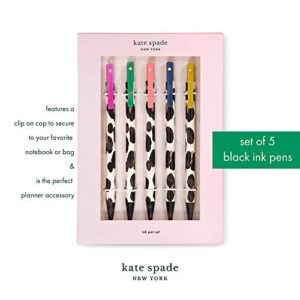 Kate Spade New York Black Ink Pen Set of 5, Cute Leopard Click Pens, Plastic Retractable Pens for Writing and Journaling, Forest Feline