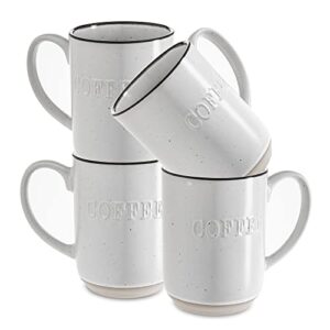 sheffield home set of stoneware coffee mugs- 4 printed coffee cups, tea cups, latte mugs 16 oz (white)