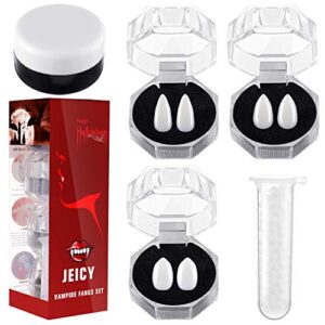 Jeicy Vampire Fangs Teeth, Vampire Blood and Vampire Teeth Glue Set for Halloween Cosplay Party Favors 3 Pairs (13mm,15mm,17mm)