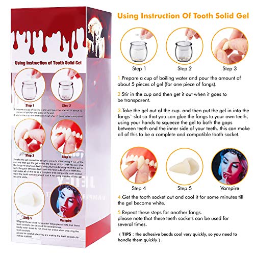 Jeicy Vampire Fangs Teeth, Vampire Blood and Vampire Teeth Glue Set for Halloween Cosplay Party Favors 3 Pairs (13mm,15mm,17mm)