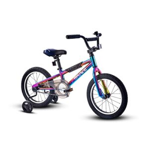revere16 freestyle bmx kids bike for boys and girls. lightweight aluminum frame and fork. tool-less quick release training wheels. easy to ride! (oil slick)