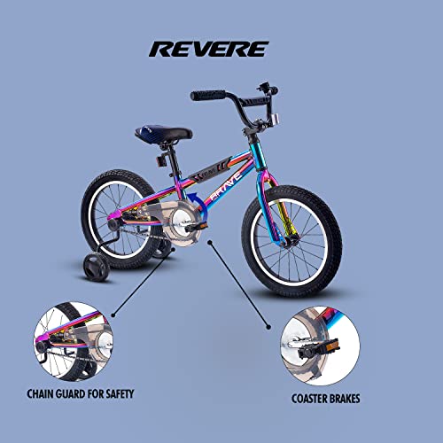 Revere16 Freestyle BMX Kids Bike for Boys and Girls. Lightweight Aluminum Frame and Fork. Tool-Less Quick Release Training Wheels. Easy to Ride! (Oil Slick)