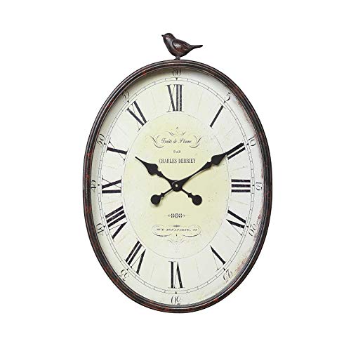 Oval Metal Wall Clock with Bird Ivory Vintage Bronze Finish