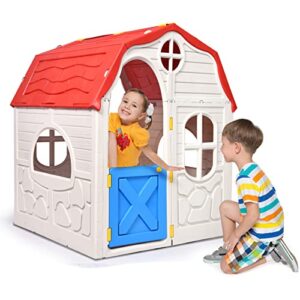 honey joy outdoor playhouse for kids, cottage indoor playhouse with working doors & windows, pretend play house imagination playset toy for toddlers boys girls