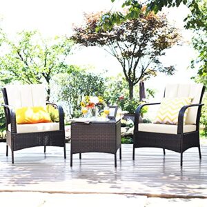 tangkula 3 piece patio furniture set, 2 wicker chairs with glass top coffee table, outdoor garden porch poolside furniture set for 2, rattan conversation set (cream)
