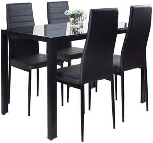 binrrio 5 piece dining table set, modern furniture rectangle tempered glass top table with 4 piece high backrest faux leather chairs for kitchen dining room living room, black