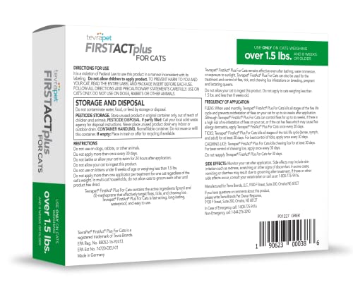 TevraPet FirstAct Plus Flea and Tick Prevention for Cats Over 1.5lbs, 6 Monthly Doses, Topical Drops