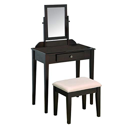 Benjara Wood and Fabric Vanity Set with Tilting Vertical Mirror, Brown and White