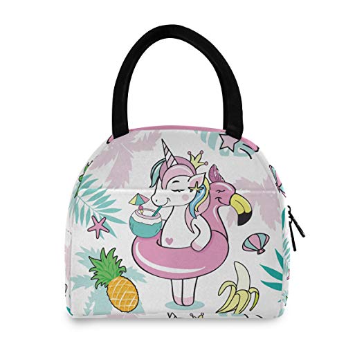 OREZI Beautiful Unicorn Flamingos Palm Leaves School Lunch Bag for Girls Boys,Insulated Lunch Tote Bag,Leakproof Container Lunchbox for Woman Men Work Picnic Hiking Fishing