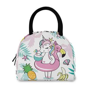 OREZI Beautiful Unicorn Flamingos Palm Leaves School Lunch Bag for Girls Boys,Insulated Lunch Tote Bag,Leakproof Container Lunchbox for Woman Men Work Picnic Hiking Fishing