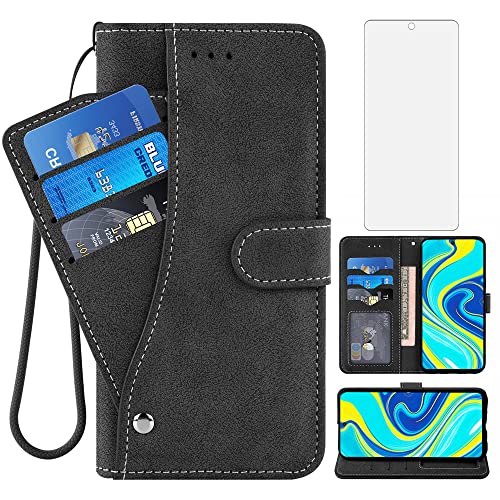 Compatible with Xiaomi Redmi Note 9s/9 Pro 4G Wallet Case and Tempered Glass Screen Protector Flip Credit Card Holder Stand Full Body Protective Phone Cover for Redme Note9 Pro Max/Poco M2 Pro Black