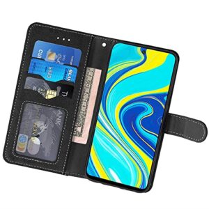 Compatible with Xiaomi Redmi Note 9s/9 Pro 4G Wallet Case and Tempered Glass Screen Protector Flip Credit Card Holder Stand Full Body Protective Phone Cover for Redme Note9 Pro Max/Poco M2 Pro Black
