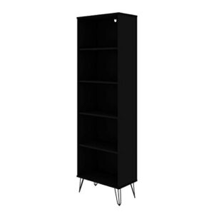 manhattan comfort rockefeller mid century modern 5 shelves home office bookcase with metal legs, 21.26", black