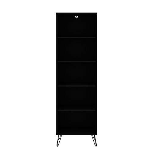 Manhattan Comfort Rockefeller Mid Century Modern 5 Shelves Home Office Bookcase with Metal Legs, 21.26", Black