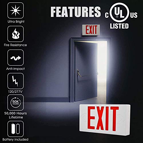 OSTEK Red LED Exit Emergency Sign Light - Standard - Battery Backup, Dual LED Lamp ABS Fire Resistance UL-Listed 120-277V (RED EXIT SIGN)