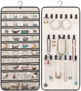 misslo dual-sided hanging jewelry organizer with 40 pockets and 20 hook & loops closet necklace holder for earring bracelet ring chain with rotating hanger, beige