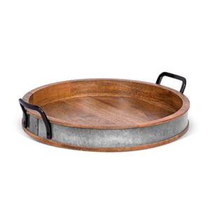 birdrock home wooden serving tray with handles - iron accents - round barrel top breakfast trays - tea cheese board - coffee table décor - natural wood with iron - kitchen - bar - large