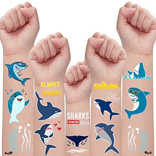 Partywind 34 Styles Metallic Glitter Shark Temporary Tattoos for Kids, Shark Ocean Theme Birthday Decorations Party Supplies Favors, Shark Fake Tattoos Stickers Game Gift Bag for Boys Girls