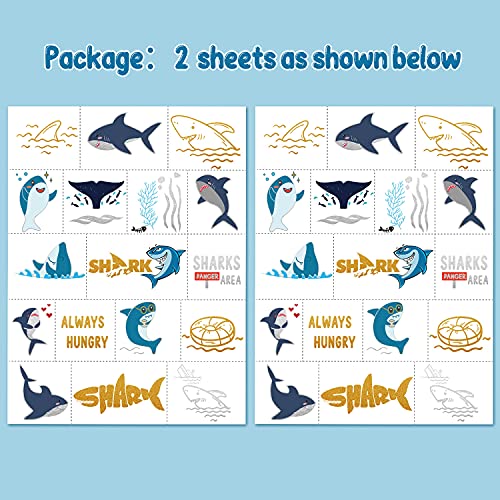 Partywind 34 Styles Metallic Glitter Shark Temporary Tattoos for Kids, Shark Ocean Theme Birthday Decorations Party Supplies Favors, Shark Fake Tattoos Stickers Game Gift Bag for Boys Girls