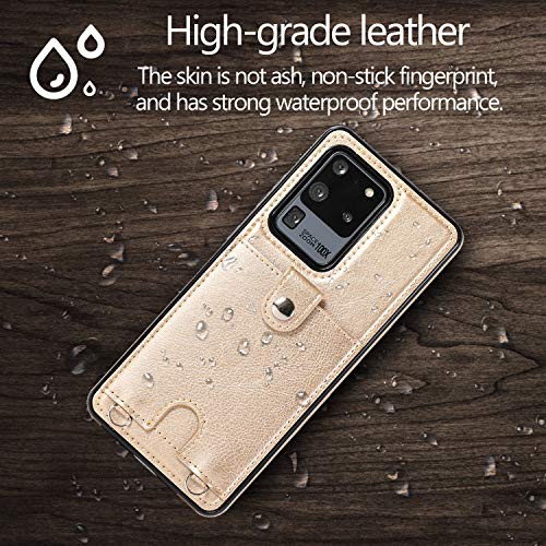 Jaorty PU Leather Wallet Case for Samsung Galaxy S20 Ultra Necklace Crossbody Lanyard Case Cover with Card Holder Adjustable Detachable Anti-Lost Neck Strap Case for Samsung Galaxy S20 Ultra,6.9",Gold