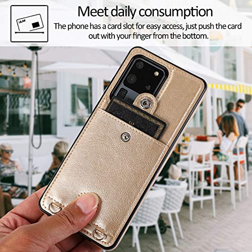 Jaorty PU Leather Wallet Case for Samsung Galaxy S20 Ultra Necklace Crossbody Lanyard Case Cover with Card Holder Adjustable Detachable Anti-Lost Neck Strap Case for Samsung Galaxy S20 Ultra,6.9",Gold