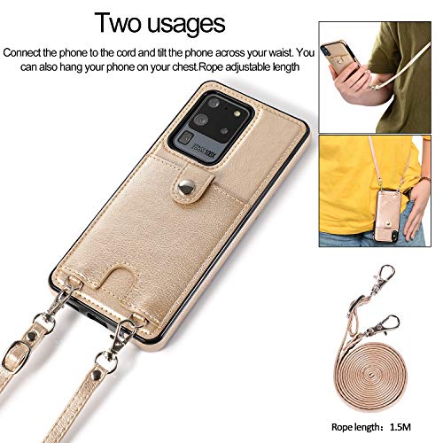 Jaorty PU Leather Wallet Case for Samsung Galaxy S20 Ultra Necklace Crossbody Lanyard Case Cover with Card Holder Adjustable Detachable Anti-Lost Neck Strap Case for Samsung Galaxy S20 Ultra,6.9",Gold