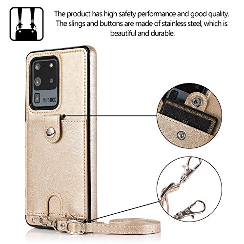 Jaorty PU Leather Wallet Case for Samsung Galaxy S20 Ultra Necklace Crossbody Lanyard Case Cover with Card Holder Adjustable Detachable Anti-Lost Neck Strap Case for Samsung Galaxy S20 Ultra,6.9",Gold