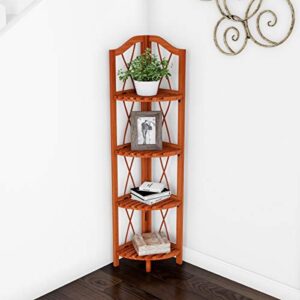 lavish home folding corner shelf-4 tier wooden bookcase-for display shelving for living room, bathroom, kitchen or office-freestanding organizer, 43", pecan