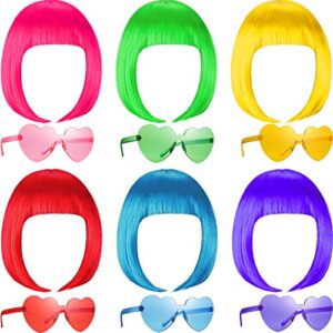 12 pcs party wigs and sunglass, neon short bob hair colorful bachelorette cosplay wig heart sunglasses for party favors