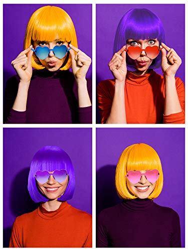 12 Pcs Party Wigs and Sunglass, Neon Short Bob Hair Colorful Bachelorette Cosplay Wig Heart Sunglasses for Party Favors