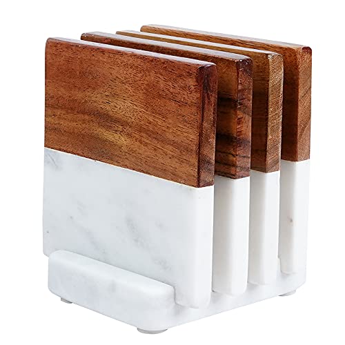 Acacia Wood & White Marble Coasters with Holder (4 Piece) – Square Absorbent Coasters For Drinks: Tea, Coffee, Wine & More – Fancy Half Marble Half Wood Coasters Set for Home & Kitchen Decor (4” x 4”)