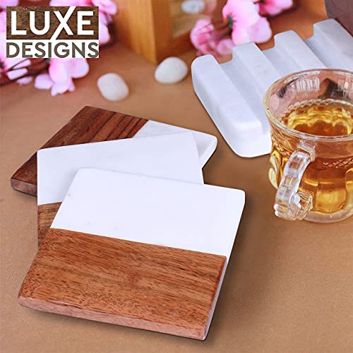 Acacia Wood & White Marble Coasters with Holder (4 Piece) – Square Absorbent Coasters For Drinks: Tea, Coffee, Wine & More – Fancy Half Marble Half Wood Coasters Set for Home & Kitchen Decor (4” x 4”)